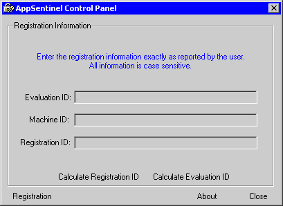 The Control Panel lets you create Registration IDs and re-create Evaluation IDs.