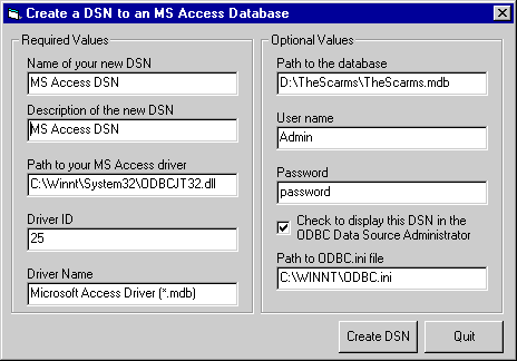Create a system DSN for MS Access